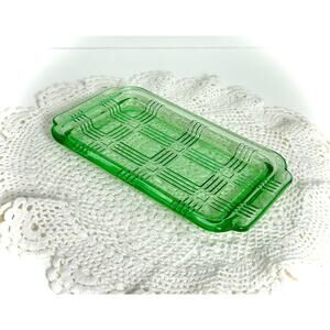 Green Uranium Glass Large Butter Dish Base, RARE Vintage Criss Cross Hazel Atlas